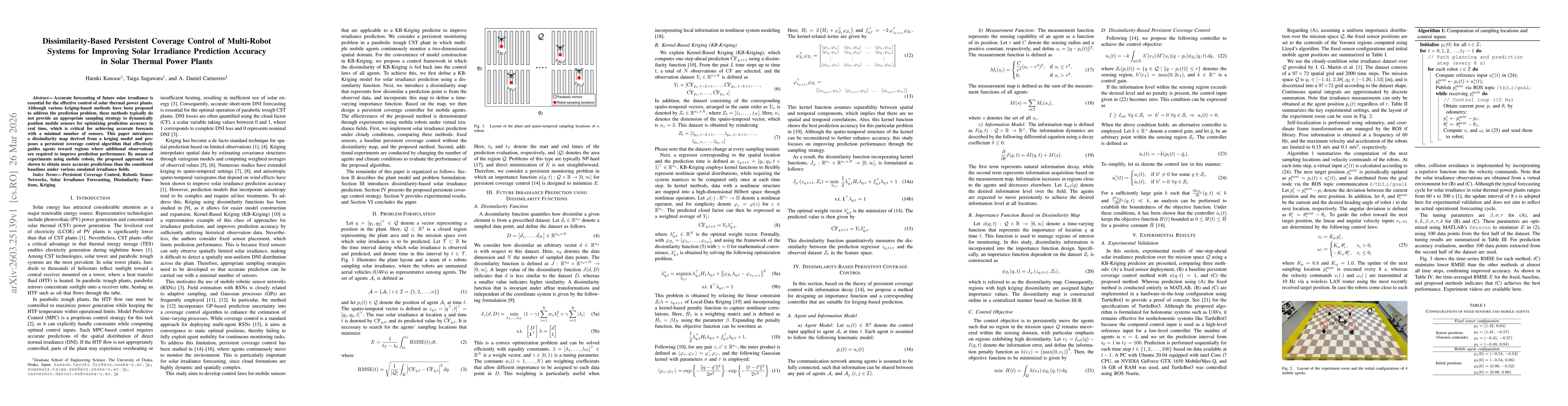 Thumbnail for Dissimilarity-Based Persistent Coverage Control of Multi-Robot Systems for Improving Solar Irradiance Prediction Accuracy in Solar Thermal Power Plants