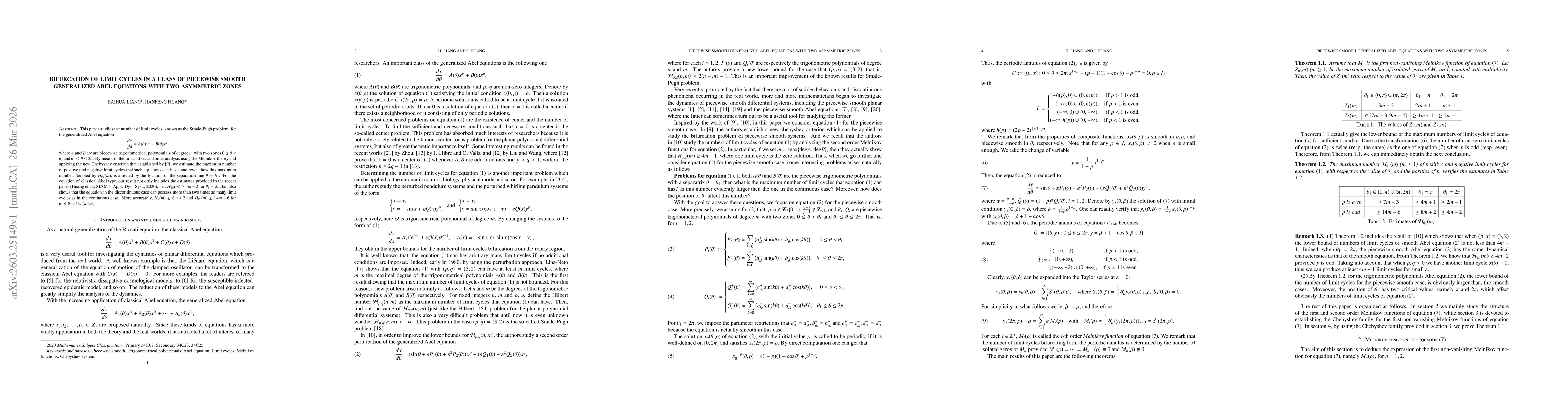 Thumbnail for Bifurcation of limit cycles in a class of piecewise smooth generalized Abel equations with two asymmetric zones