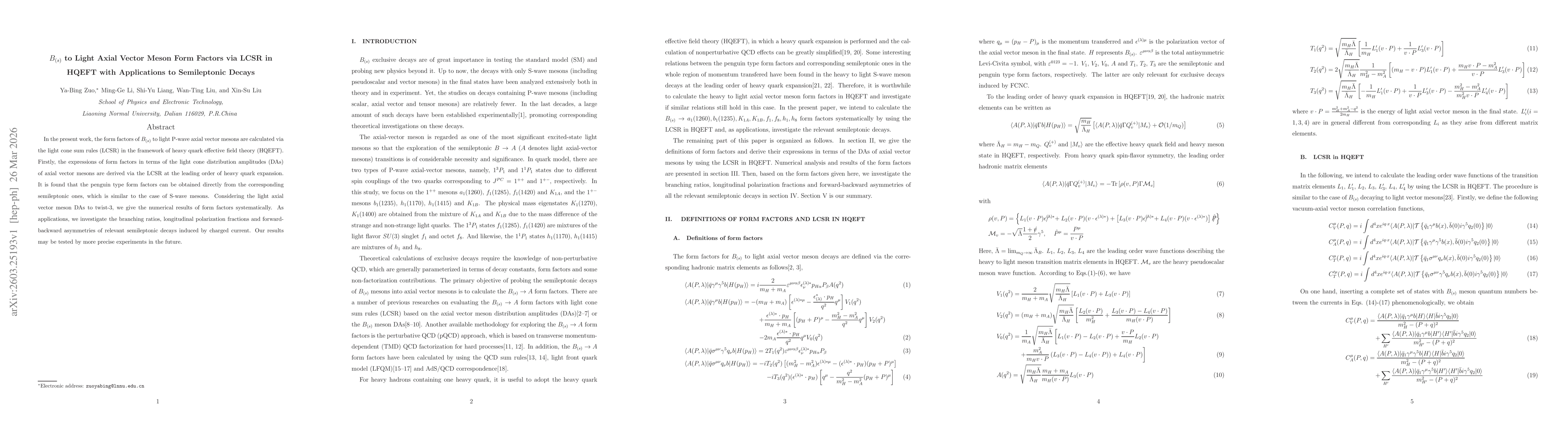 Thumbnail for $B_{(s)}$ to Light Axial Vector Meson Form Factors via LCSR in HQEFT with Applications to Semileptonic Decays