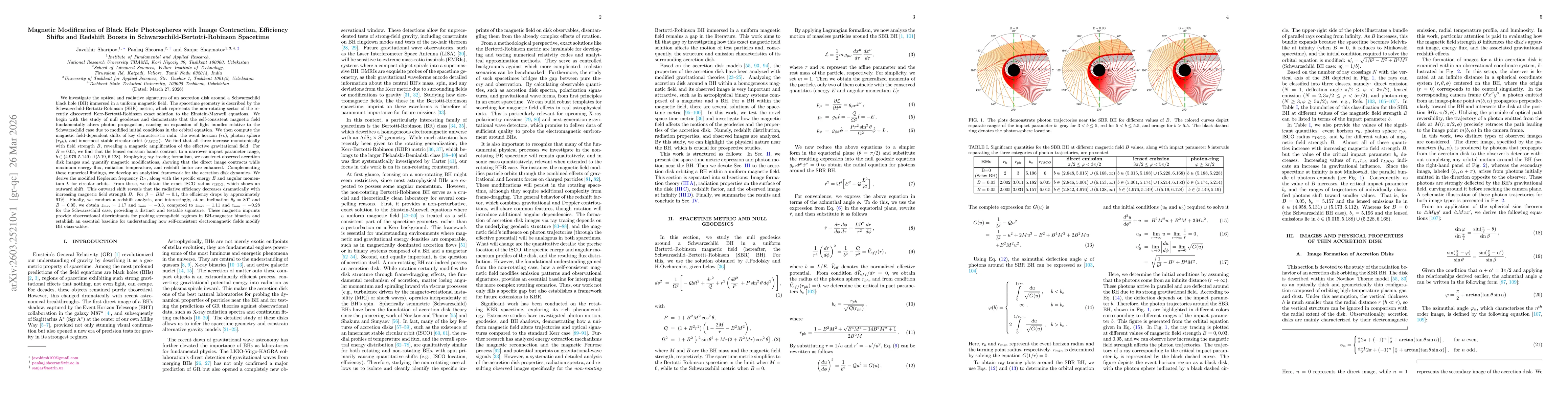 Thumbnail for Magnetic Modification of Black Hole Photospheres with Image Contraction, Efficiency Shifts and Redshift Boosts in Schwarzschild-Bertotti-Robinson Spacetime