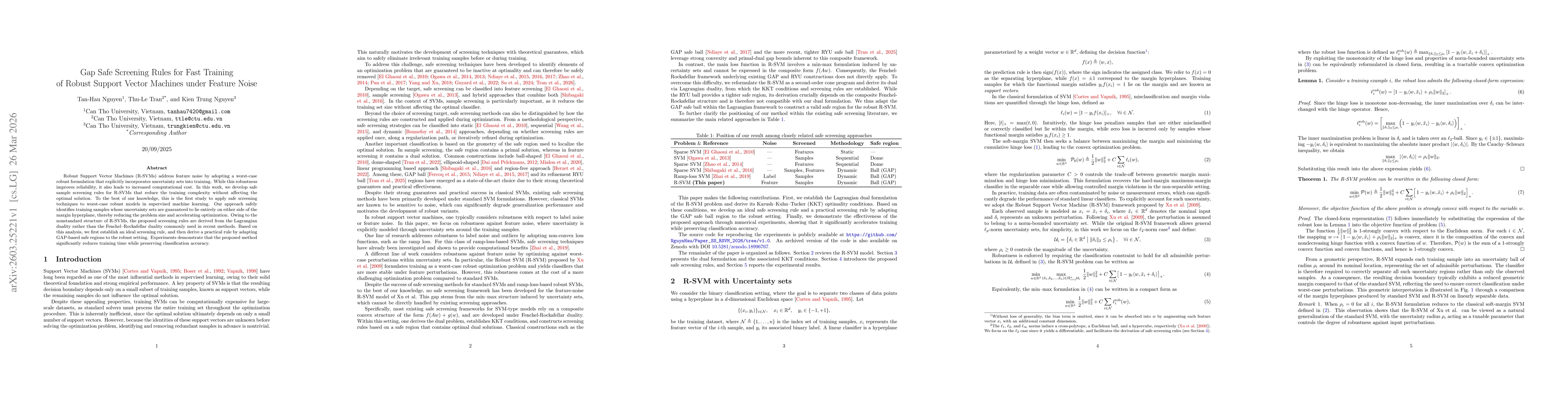 Thumbnail for Gap Safe Screening Rules for Fast Training of Robust Support Vector Machines under Feature Noise