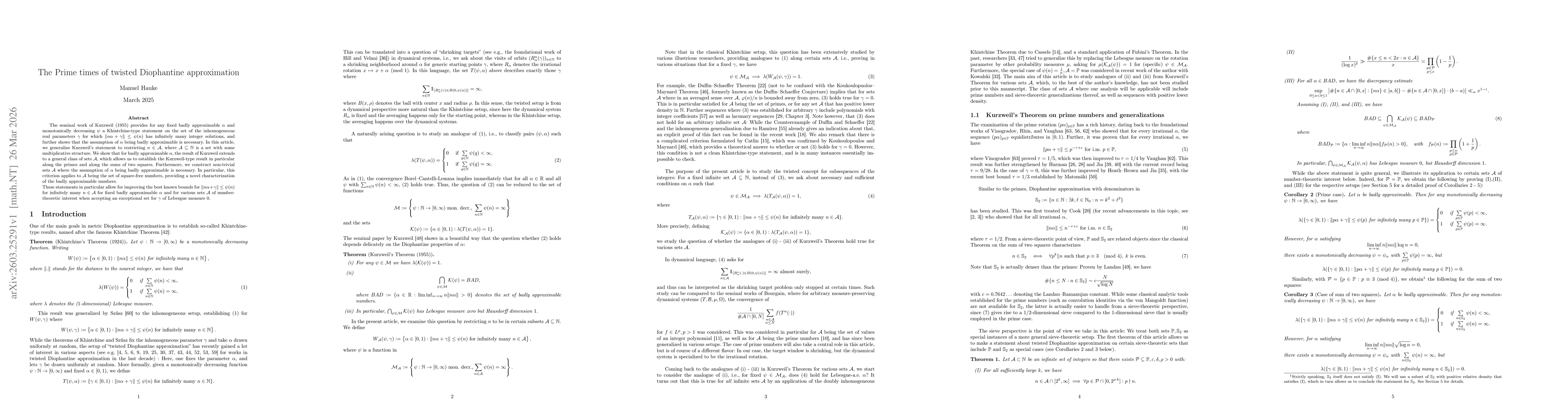 Thumbnail for The Prime times of twisted Diophantine approximation