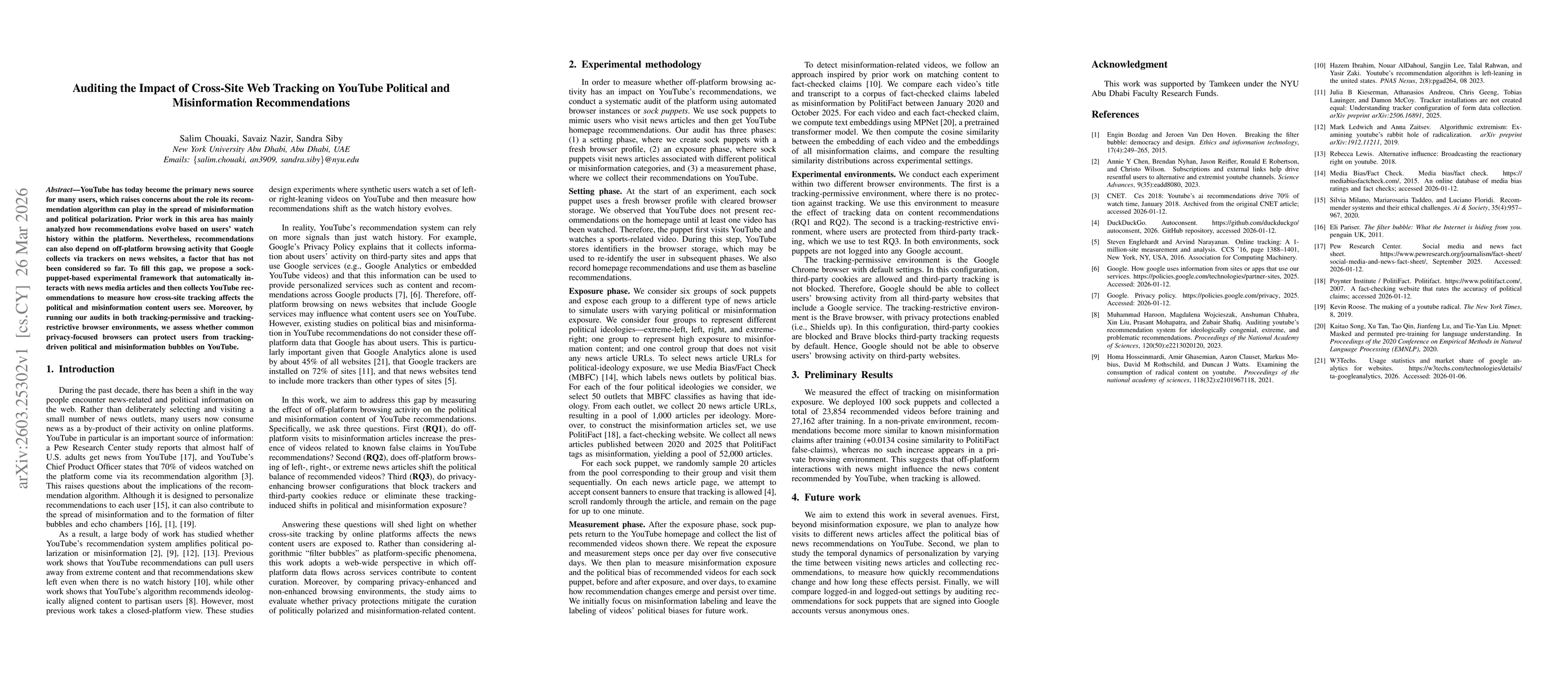 Thumbnail for Auditing the Impact of Cross-Site Web Tracking on YouTube Political and Misinformation Recommendations