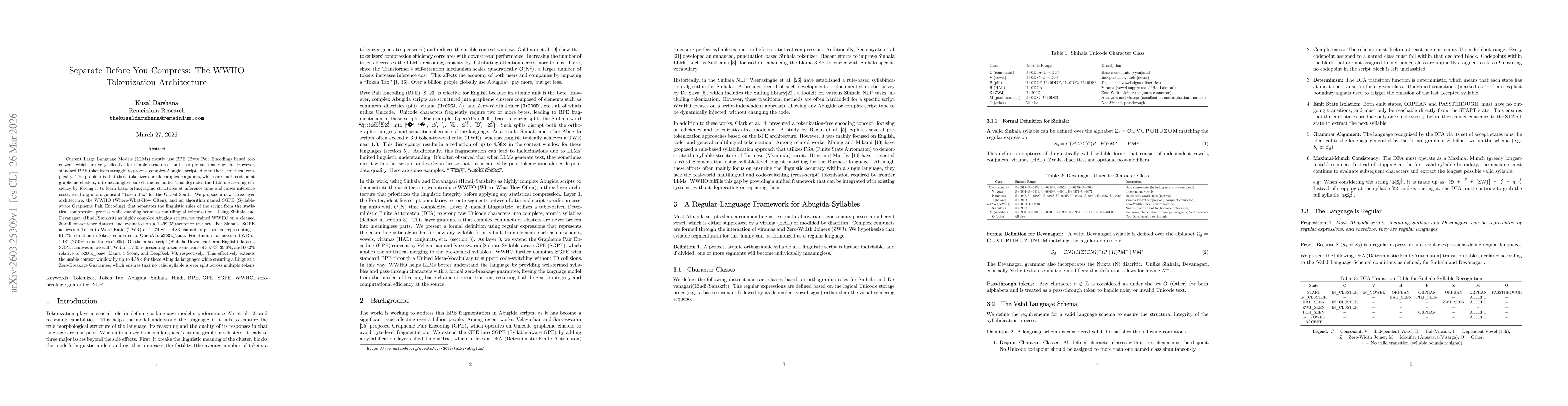 Thumbnail for Separate Before You Compress: The WWHO Tokenization Architecture
