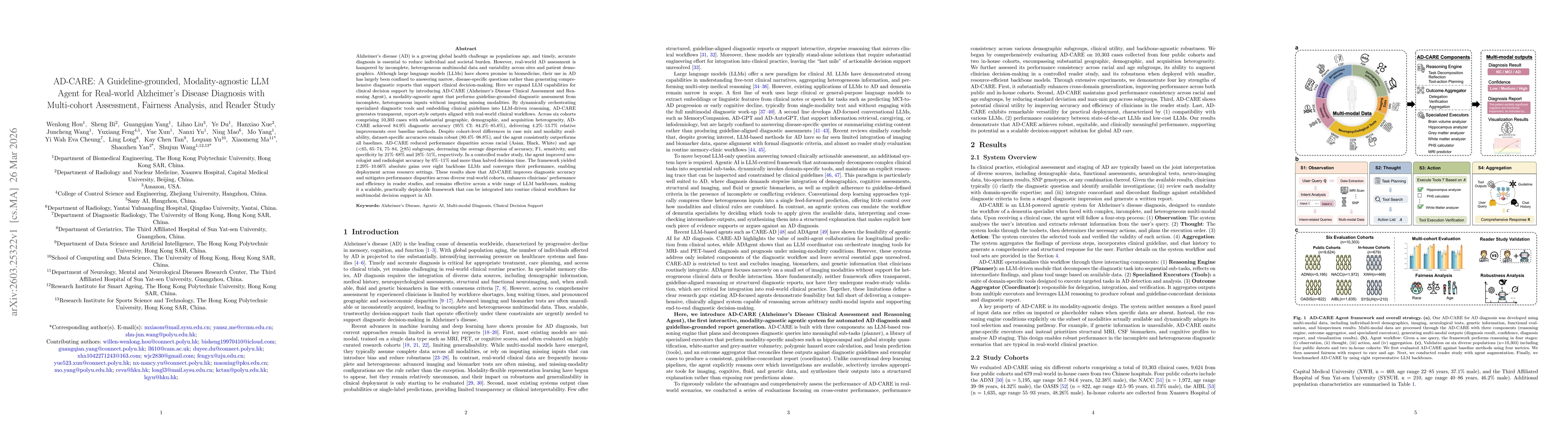 Thumbnail for AD-CARE: A Guideline-grounded, Modality-agnostic LLM Agent for Real-world Alzheimer's Disease Diagnosis with Multi-cohort Assessment, Fairness Analysis, and Reader Study