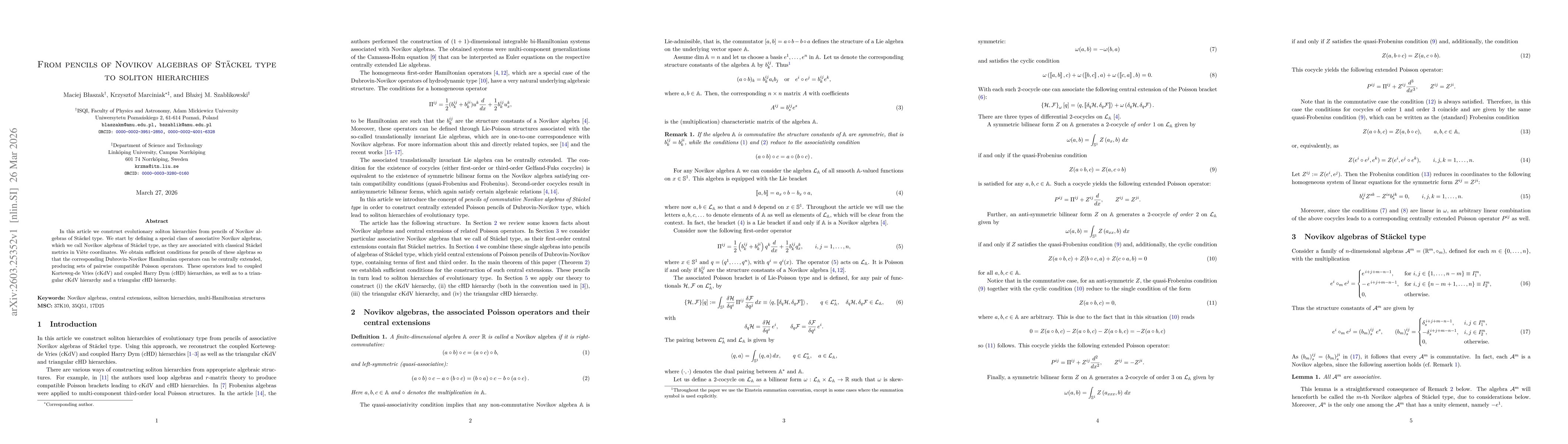 Thumbnail for From pencils of Novikov algebras of Stäckel type to soliton hierarchies