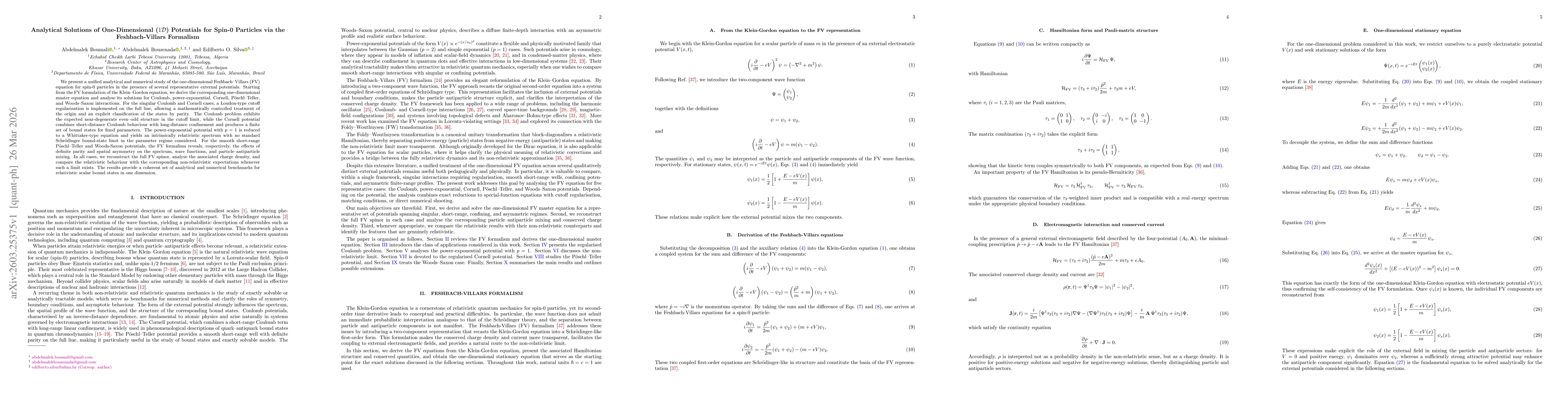 Thumbnail for Analytical Solutions of One-Dimensional ($1\mathcal{D}$) Potentials for Spin-0 Particles via the Feshbach-Villars Formalism