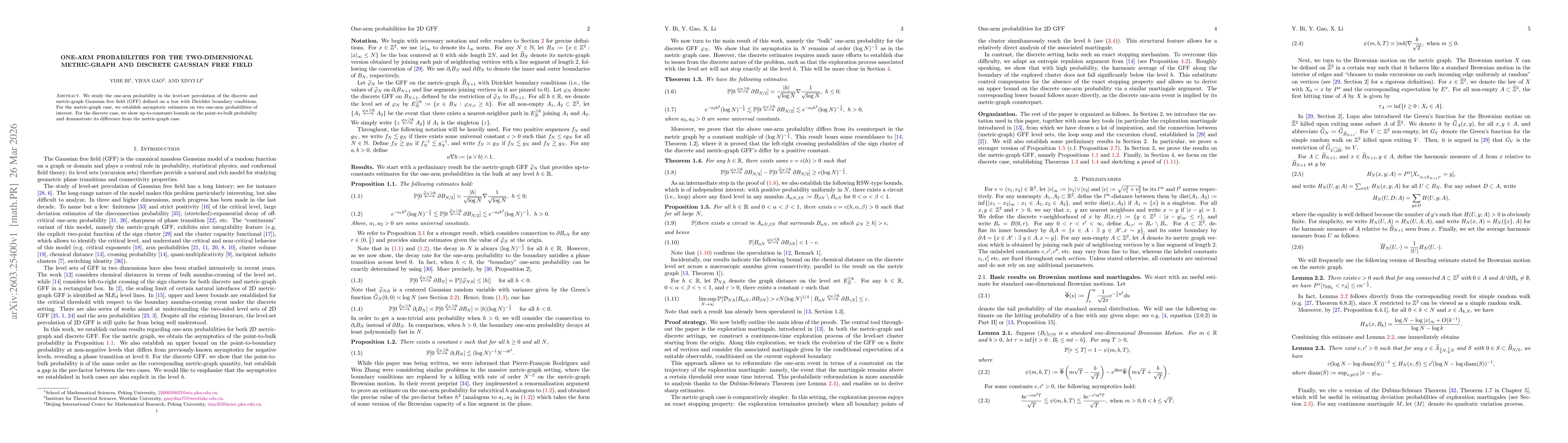 Thumbnail for One-arm probabilities for the two-dimensional metric-graph and discrete Gaussian free field