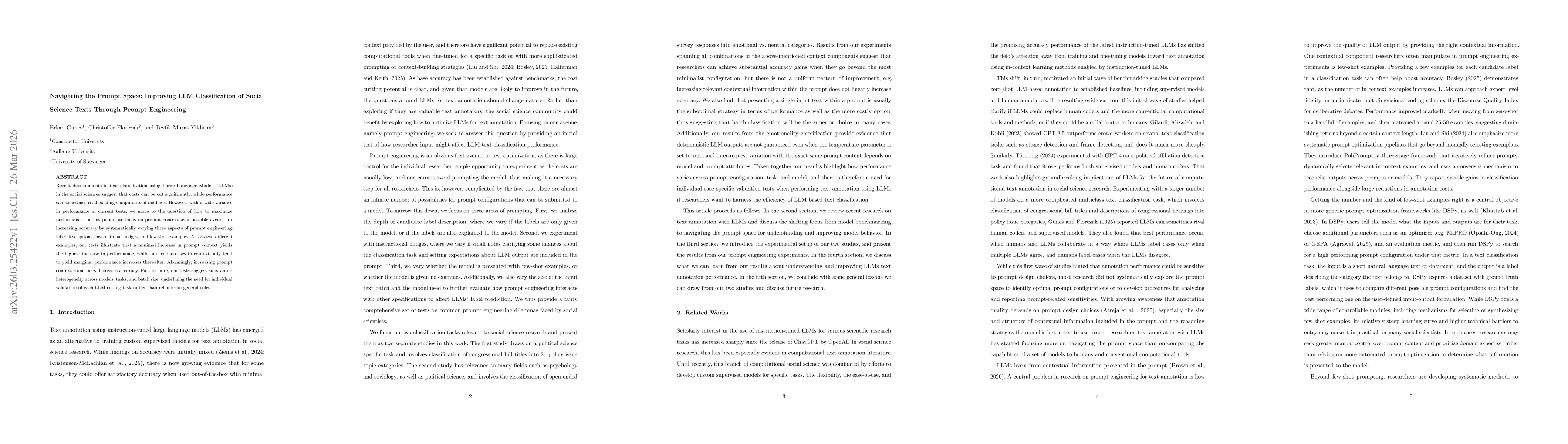 Thumbnail for Navigating the Prompt Space: Improving LLM Classification of Social Science Texts Through Prompt Engineering