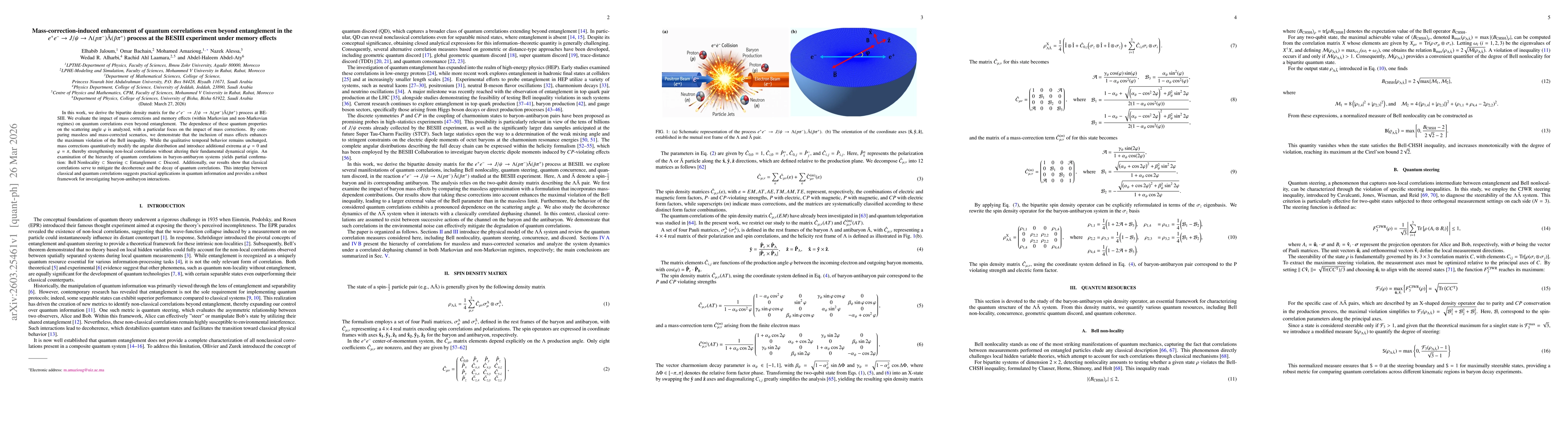 Thumbnail for Mass-correction-induced enhancement of quantum correlations even beyond entanglement in the $e^{+}e^{-} \rightarrow J/ψ\rightarrow Λ(pπ^{-}) \barΛ(\bar{p}π^{+})$ process at the BESIII experiment under memory effects