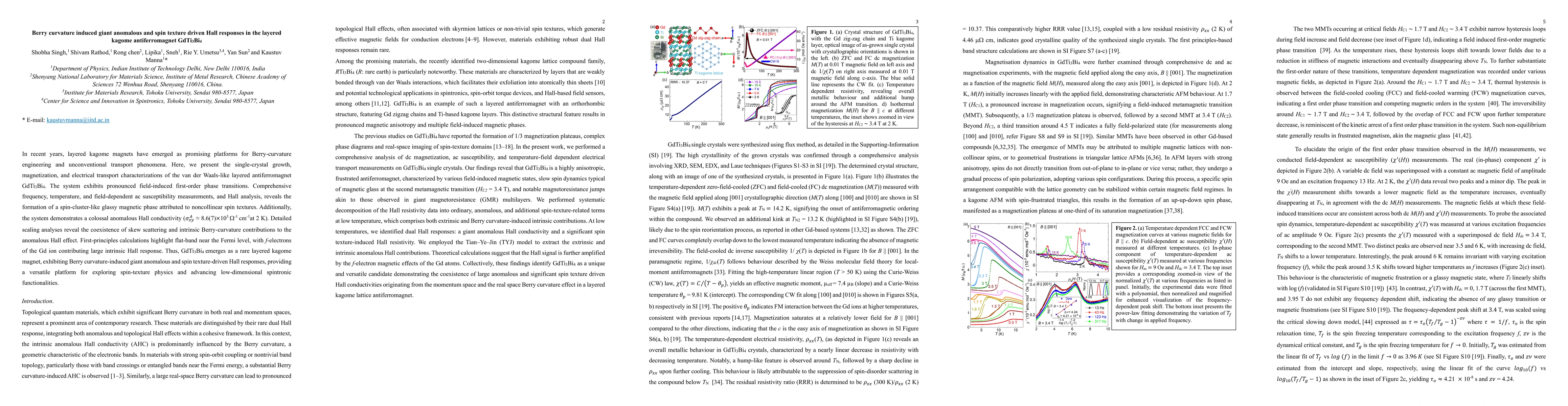 Thumbnail for Berry curvature induced giant anomalous and spin texture driven Hall responses in the layered kagome antiferromagnet GdTi3Bi4