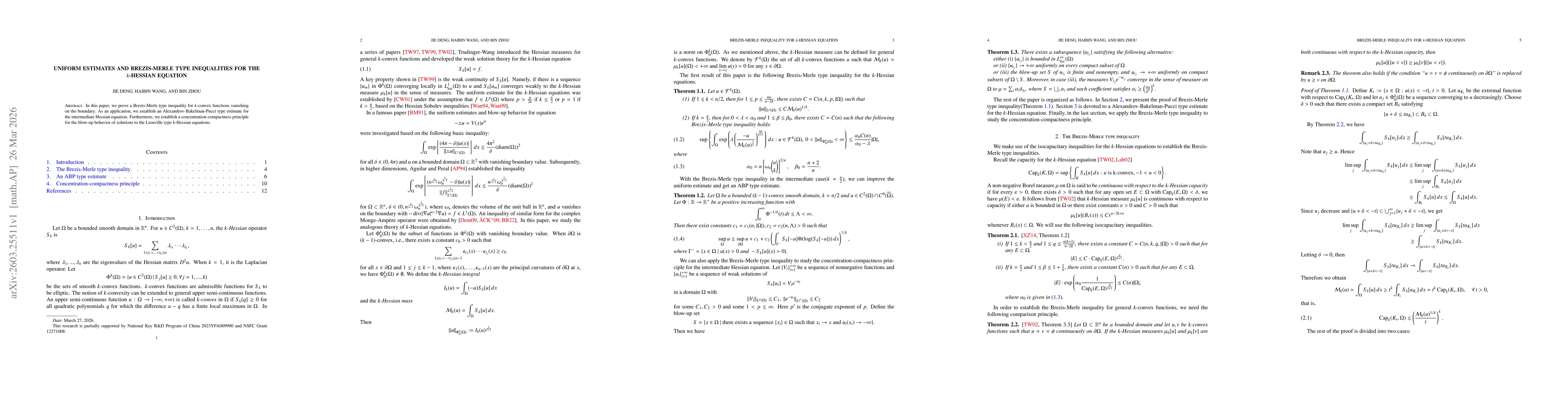 Thumbnail for Uniform estimates and Brezis-Merle type inequalities for the $k$-Hessian equation