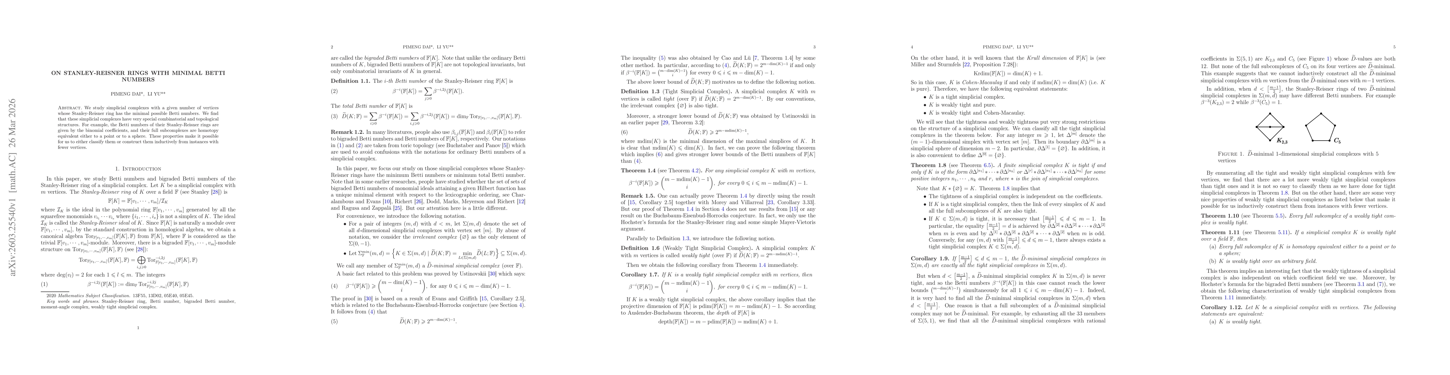 Thumbnail for On Stanley-Reisner Rings with Minimal Betti Numbers