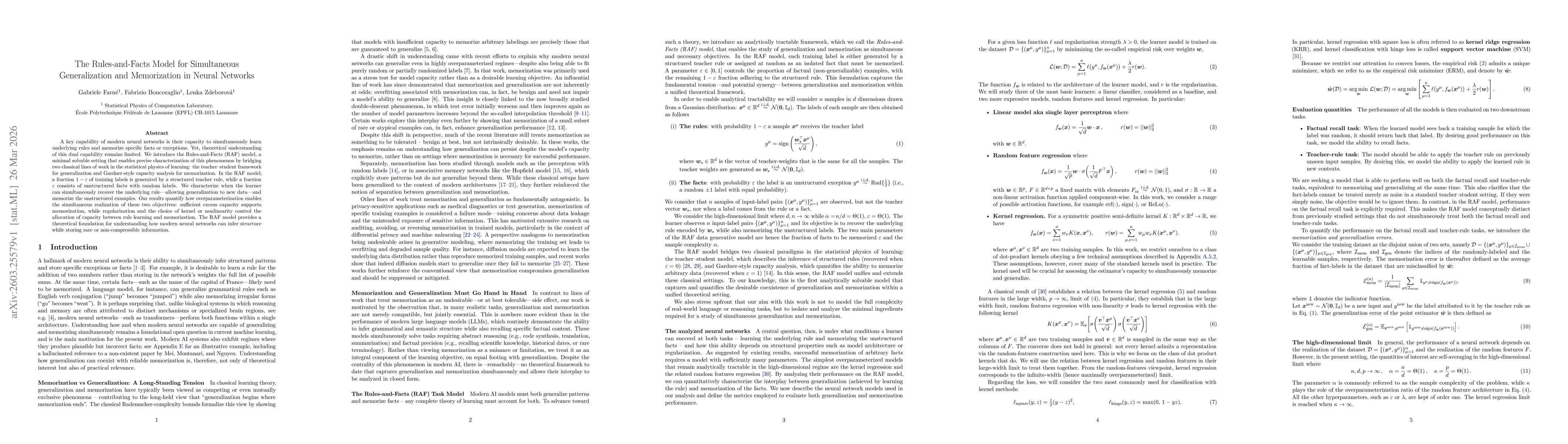 Thumbnail for The Rules-and-Facts Model for Simultaneous Generalization and Memorization in Neural Networks