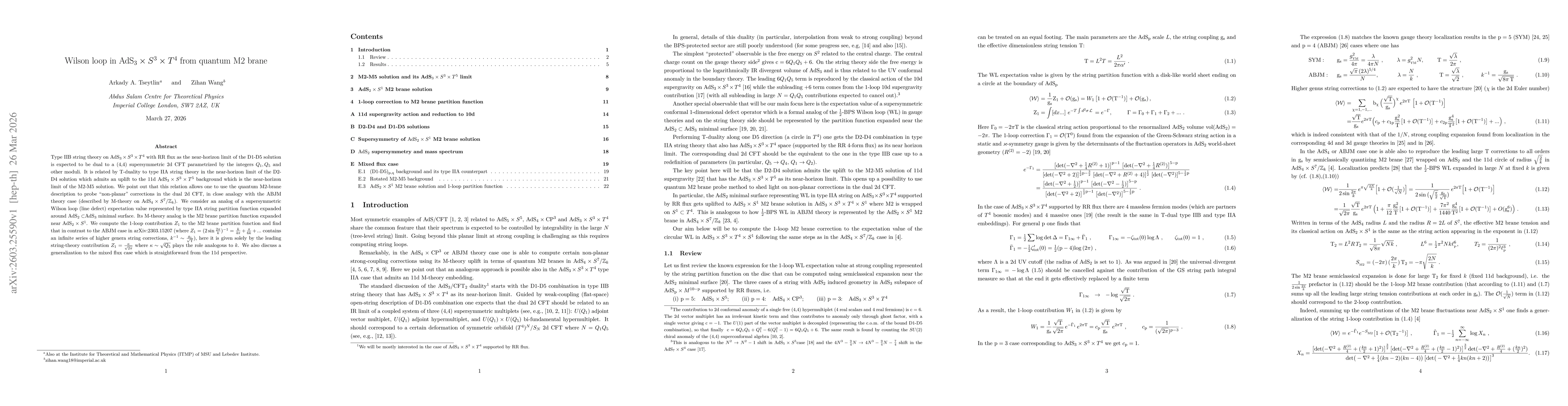 Thumbnail for Wilson loop in AdS$_3 \times S^3 \times T^4$ from quantum M2 brane