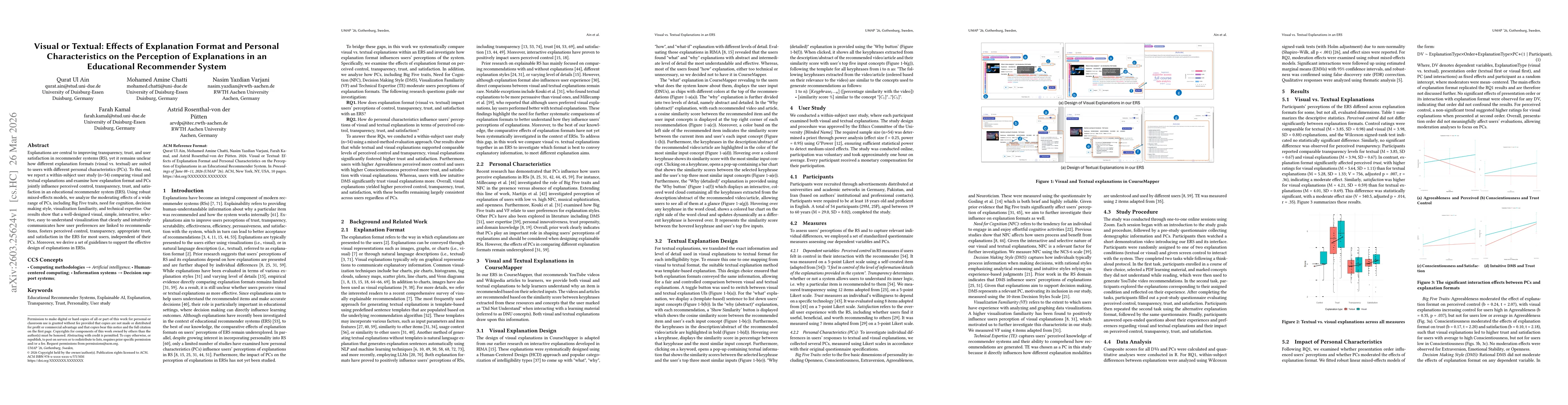 Thumbnail for Visual or Textual: Effects of Explanation Format and Personal Characteristics on the Perception of Explanations in an Educational Recommender System