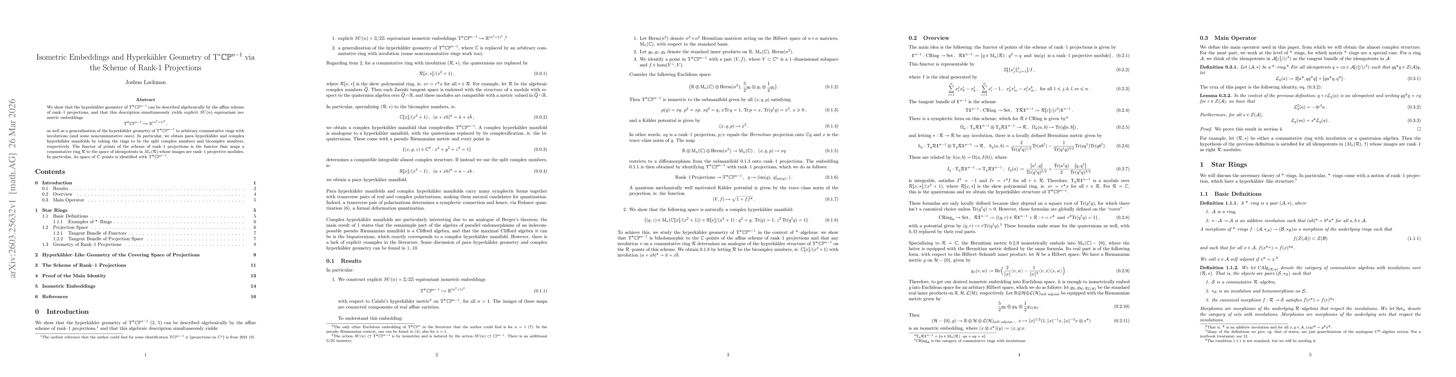 Thumbnail for Isometric Embeddings and Hyperkähler Geometry of the Cotangent Bundle of Complex Projective Space via the Scheme of Rank-1 Projections