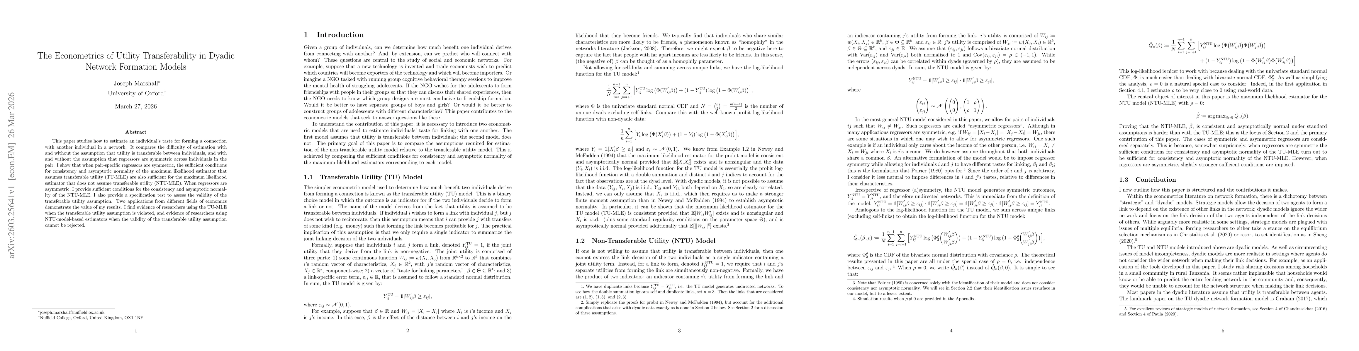 Thumbnail for The Econometrics of Utility Transferability in Dyadic Network Formation Models