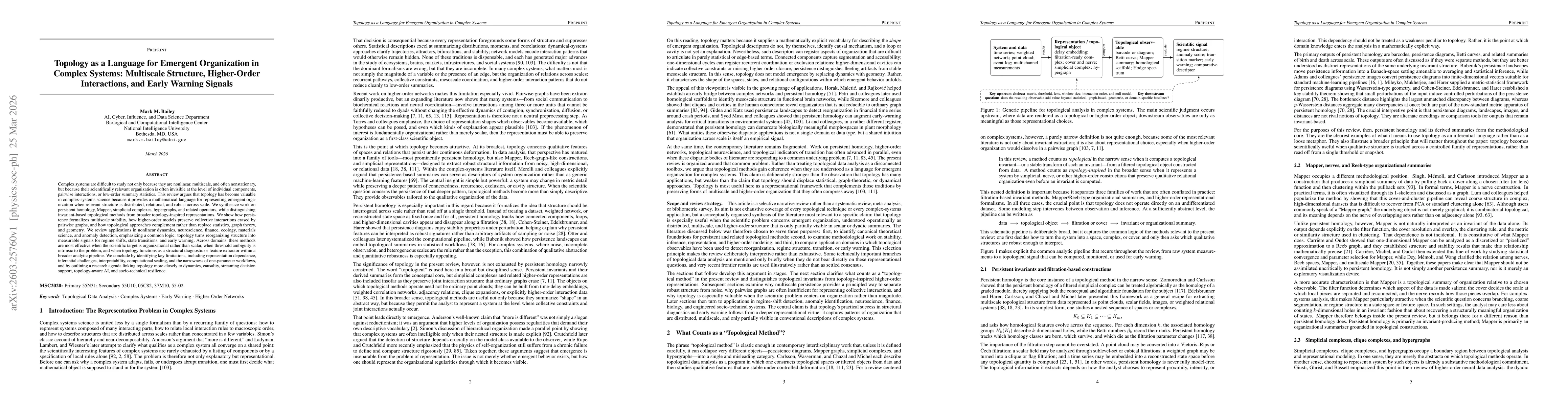 Thumbnail for Topology as a Language for Emergent Organization in Complex Systems: Multiscale Structure, Higher-Order Interactions, and Early Warning Signals