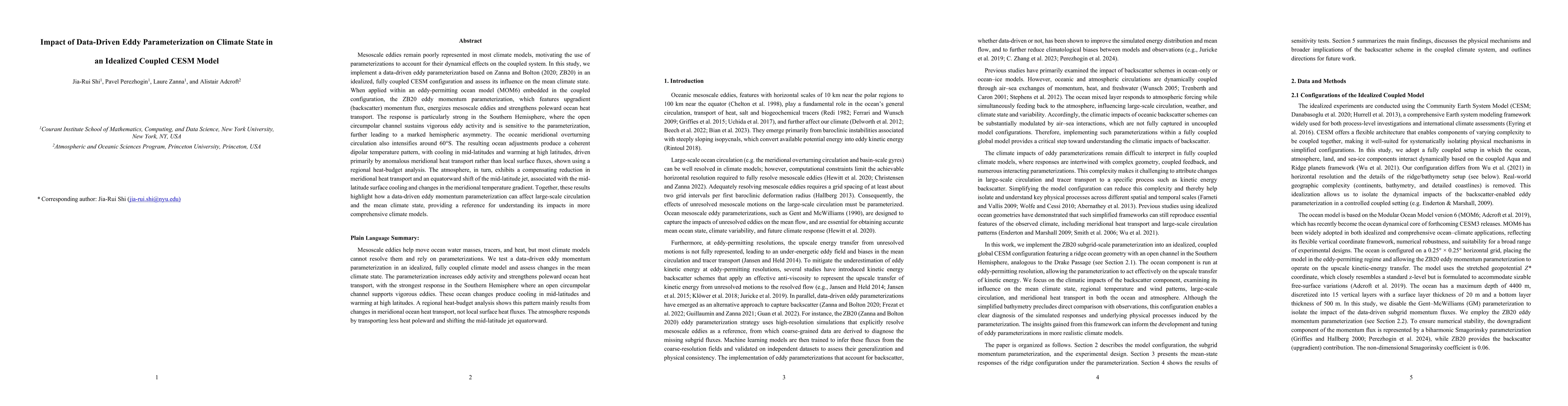 Thumbnail for Impact of Data-Driven Eddy Parameterization on Climate State in an Idealized Coupled CESM Model