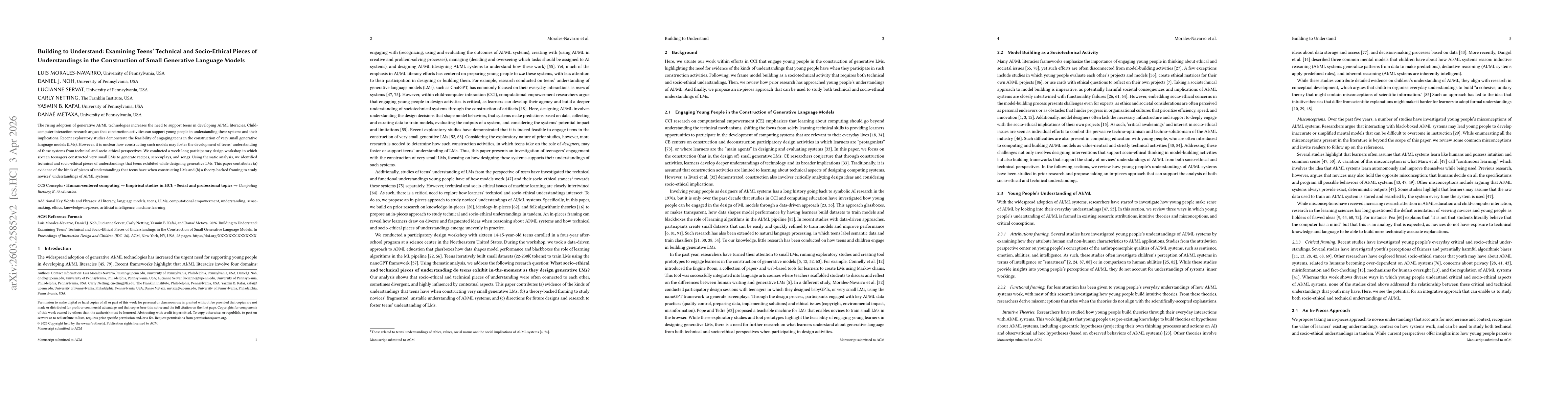 Thumbnail for Building to Understand: Examining Teens' Technical and Socio-Ethical Pieces of Understandings in the Construction of Small Generative Language Models