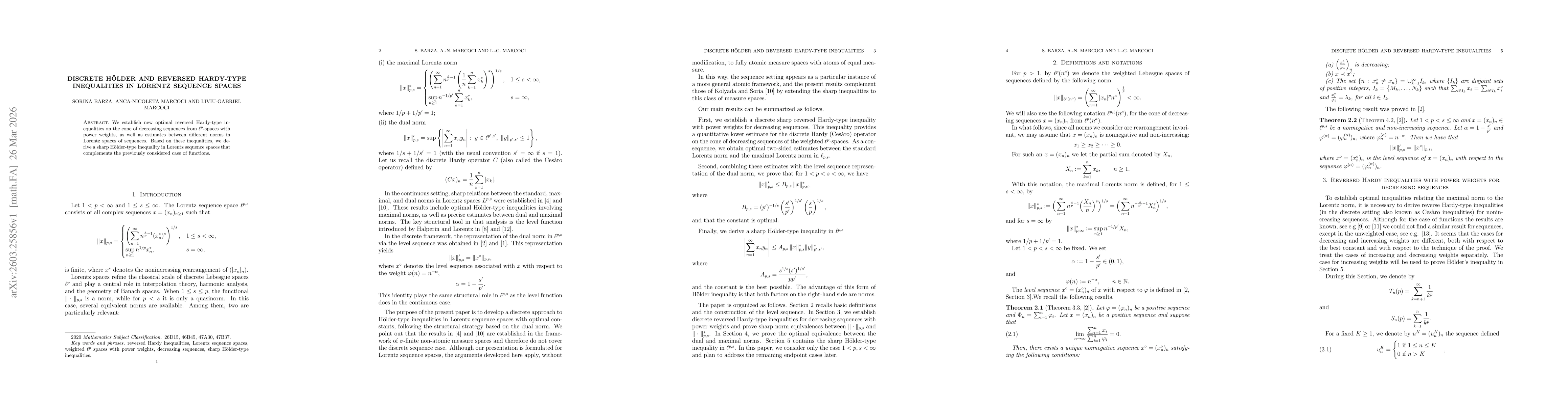 Thumbnail for Discrete H\" older and reversed Hardy-type inequalities in Lorentz sequence spaces