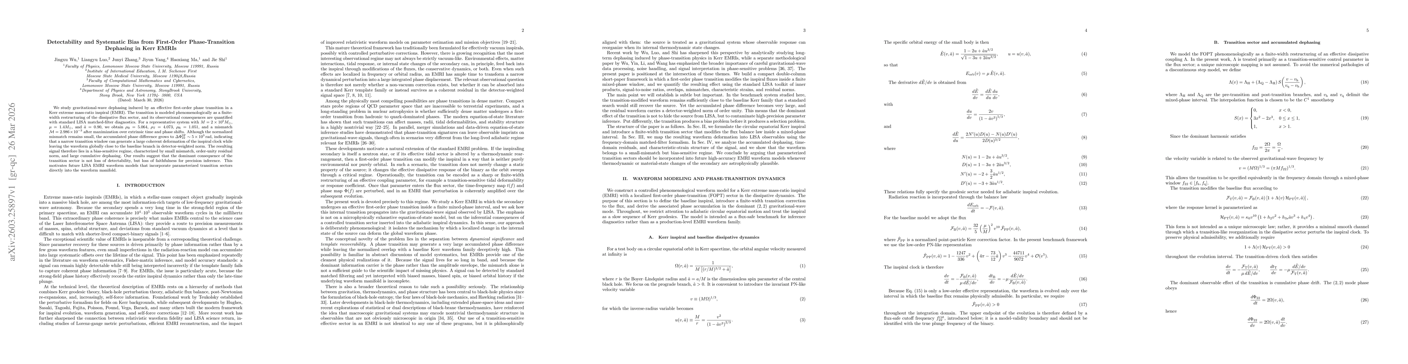 Thumbnail for Detectability and Systematic Bias from First-Order Phase-Transition Dephasing in Kerr EMRIs