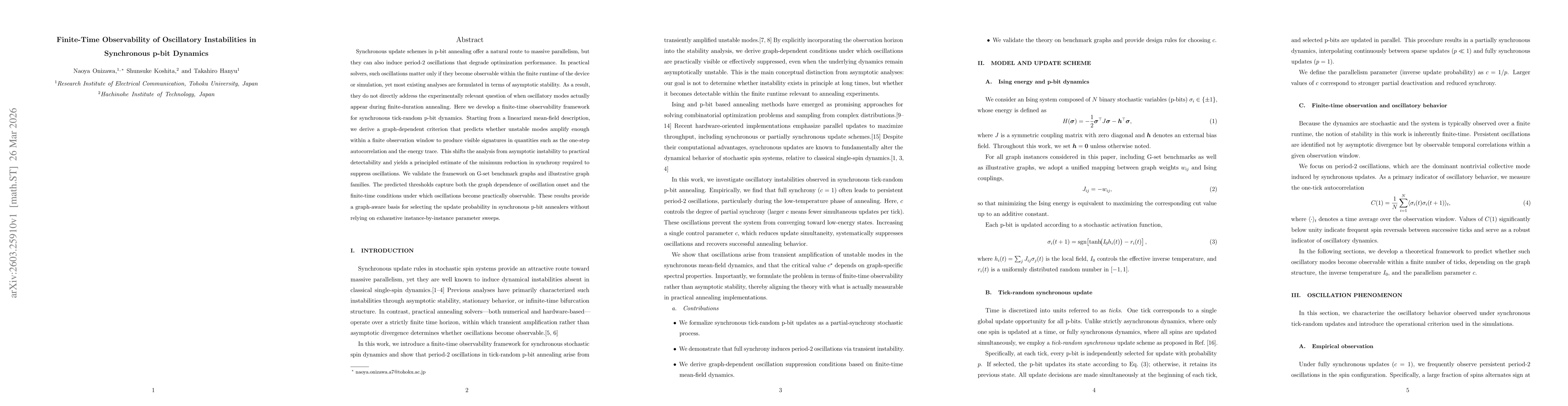 Thumbnail for Finite-Time Observability of Oscillatory Instabilities in Synchronous p-bit Dynamics