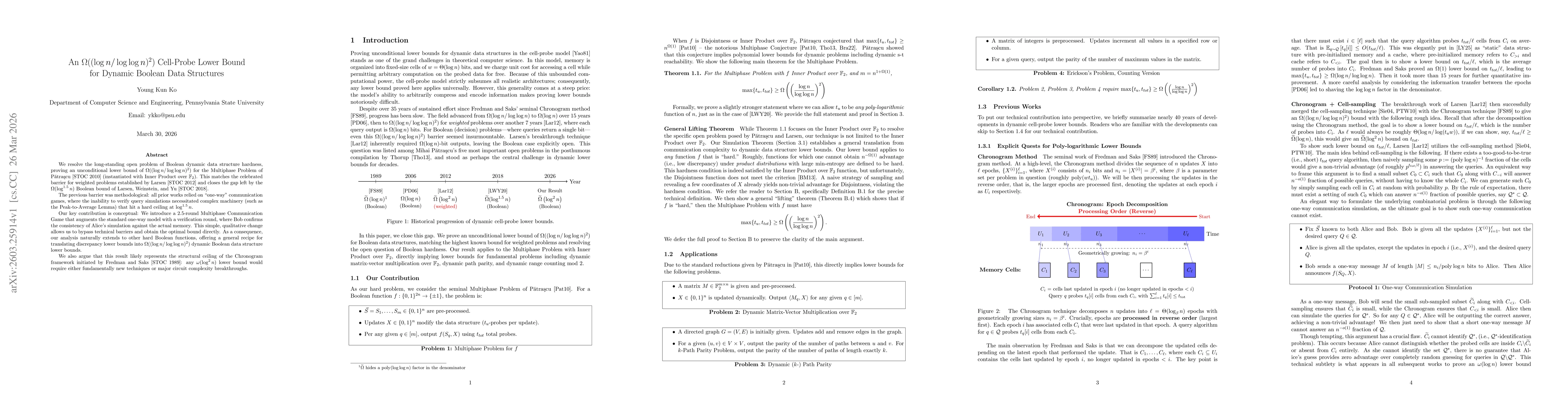 Thumbnail for An $Ω( (\log n / \log \log n)^2 )$ Cell-Probe Lower Bound for Dynamic Boolean Data Structures