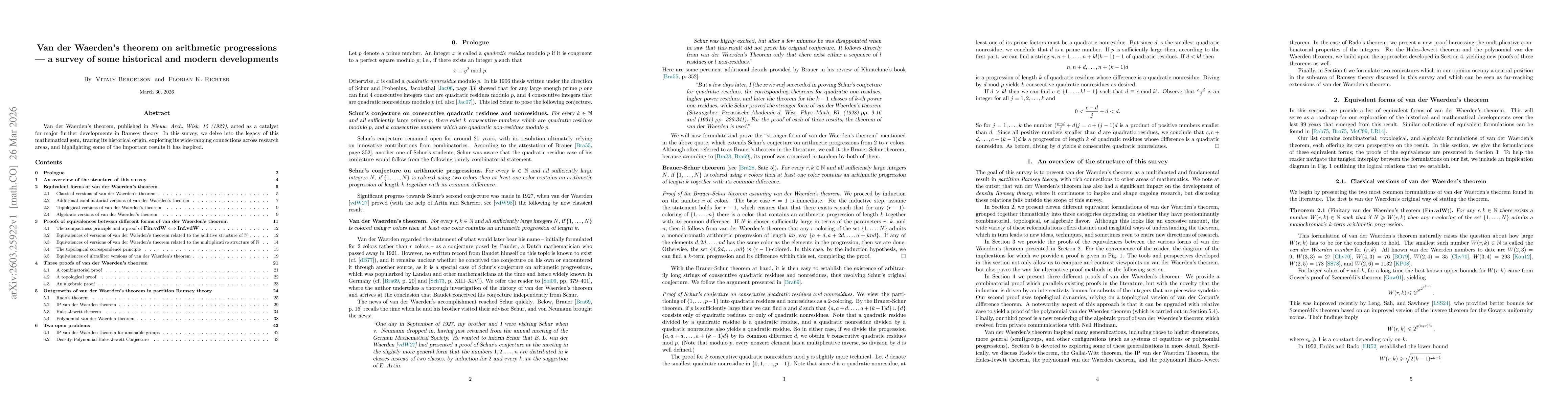 Thumbnail for Van der Waerden's theorem on arithmetic progressions -- a survey of some historical and modern developments