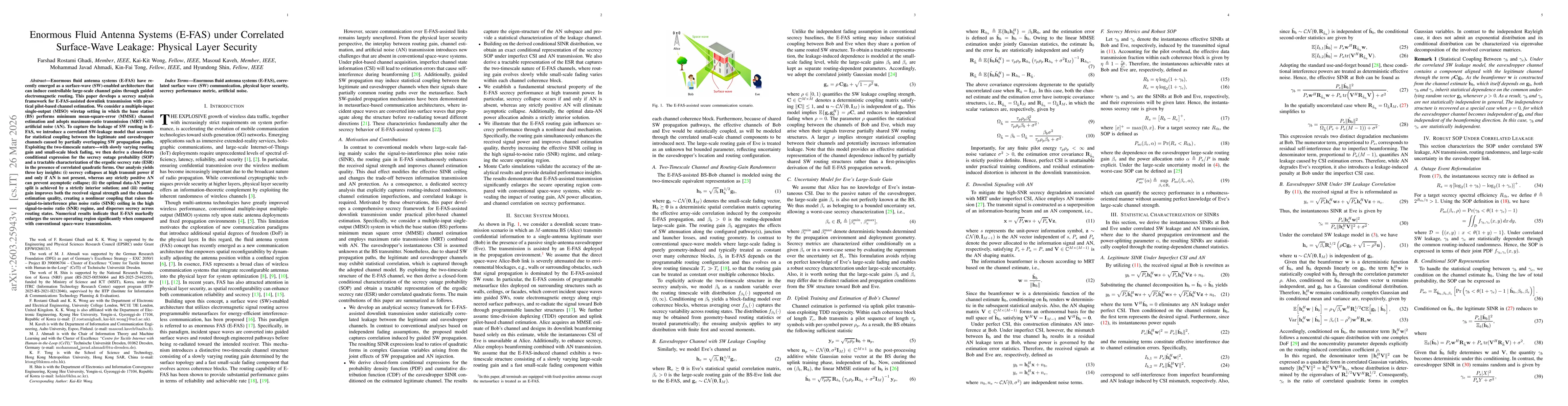Thumbnail for Enormous Fluid Antenna Systems (E-FAS) under Correlated Surface-Wave Leakage: Physical Layer Security