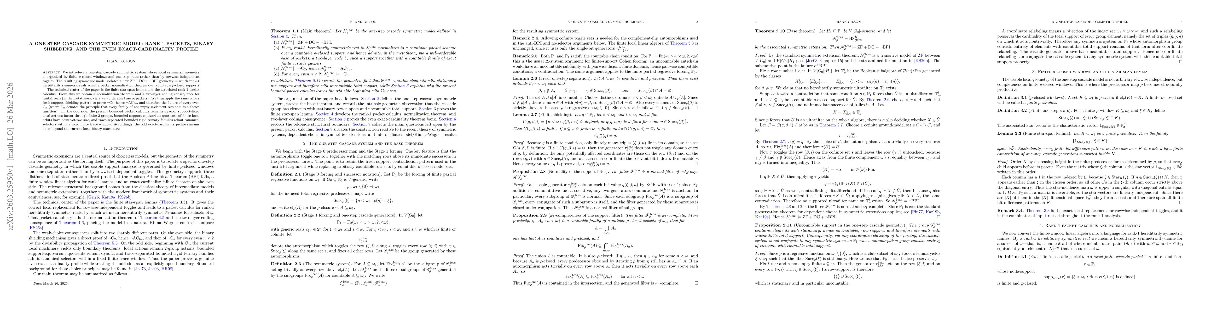 Thumbnail for A One-Step Cascade Symmetric Model: Rank-$1$ Packets, Binary Shielding, and the Even Exact-Cardinality Profile