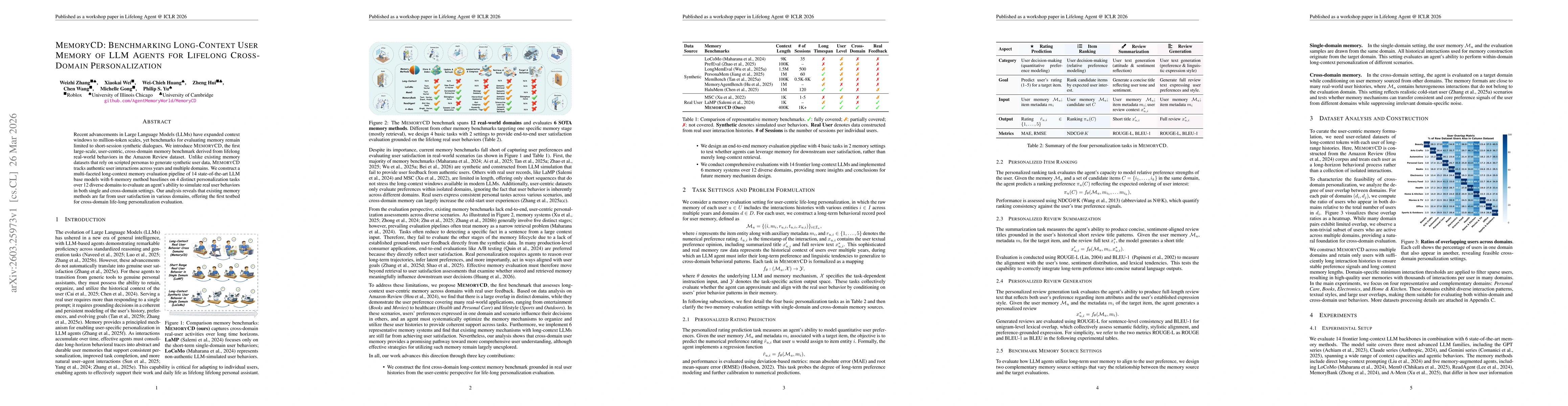 Thumbnail for MemoryCD: Benchmarking Long-Context User Memory of LLM Agents for Lifelong Cross-Domain Personalization