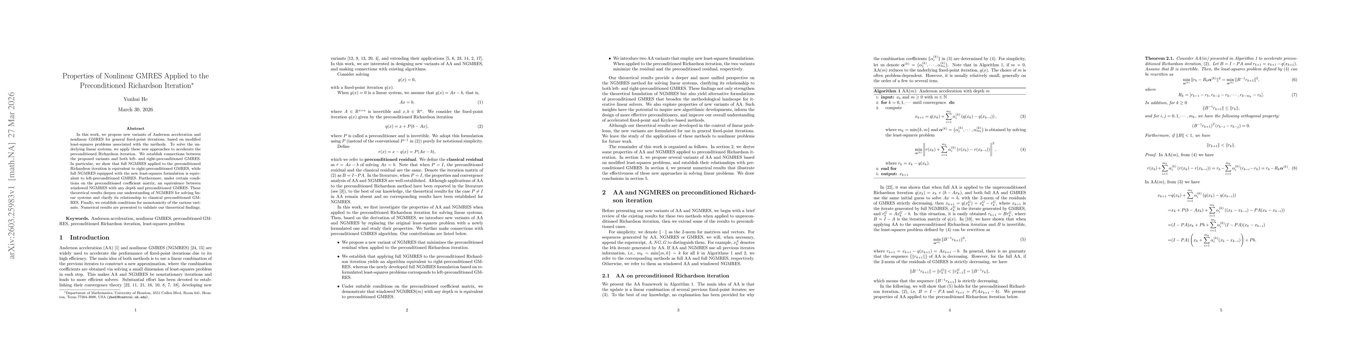 Thumbnail for Properties of Nonlinear GMRES Applied to the Preconditioned Richardson Iteration
