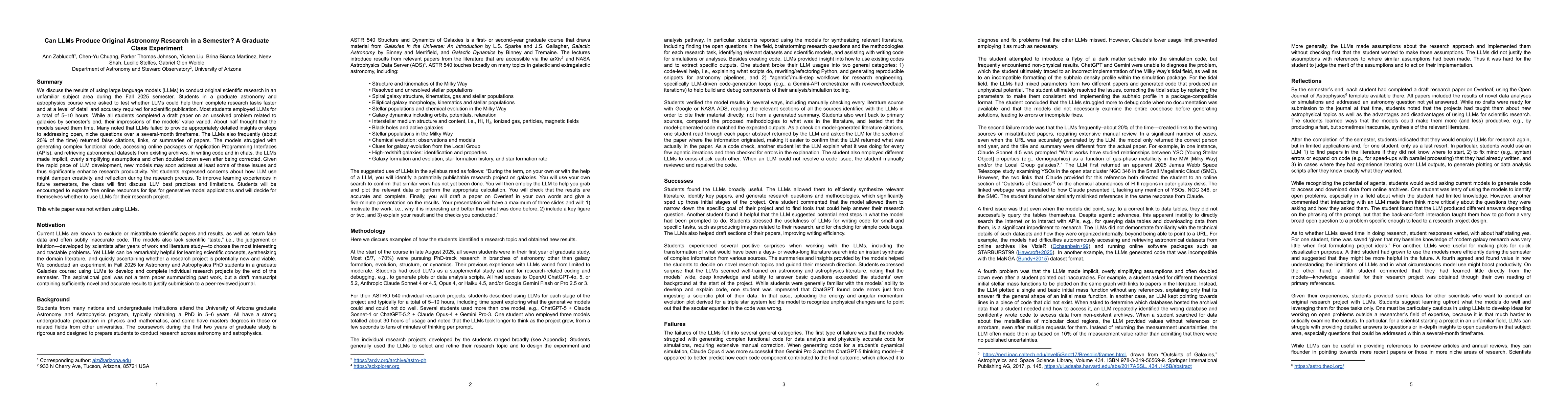 Thumbnail for Can LLMs Produce Original Astronomy Research in a Semester? A Graduate Class Experiment