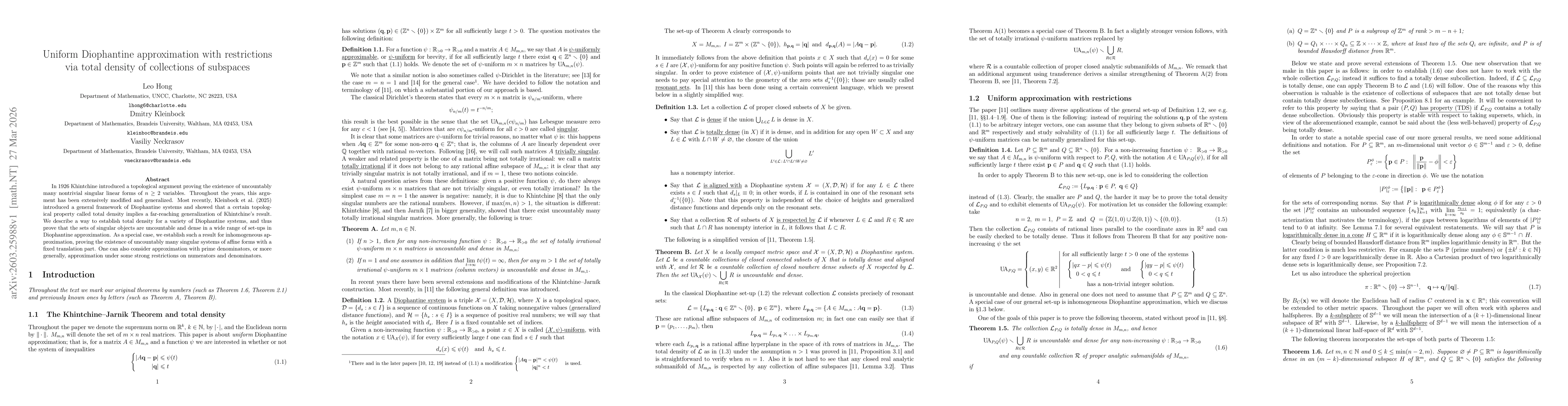 Thumbnail for Uniform Diophantine approximation with restrictions via total density of collections of subspaces
