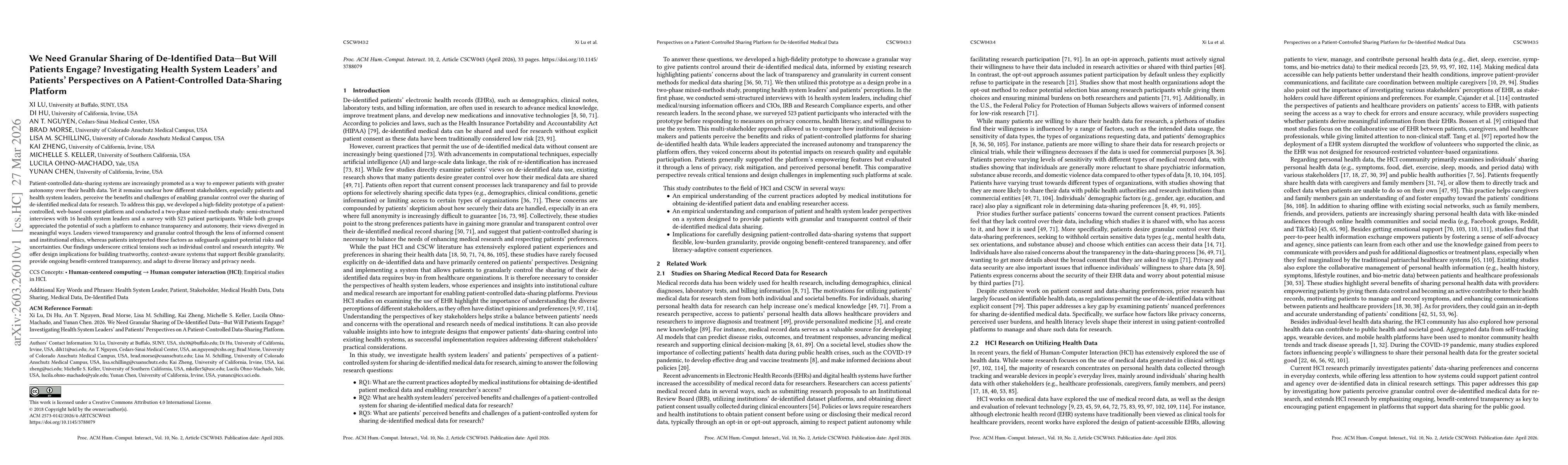 Thumbnail for We Need Granular Sharing of De-Identified Data-But Will Patients Engage? Investigating Health System Leaders' and Patients' Perspectives on A Patient-Controlled Data-Sharing Platform