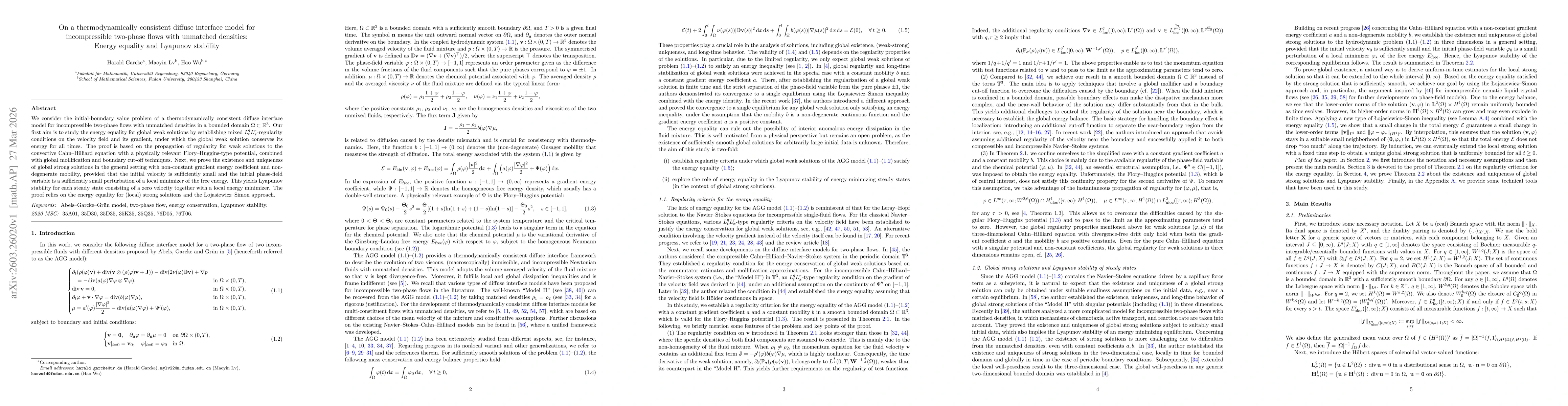 Thumbnail for On a thermodynamically consistent diffuse interface model for incompressible two-phase flows with unmatched densities: Energy equality and Lyapunov stability