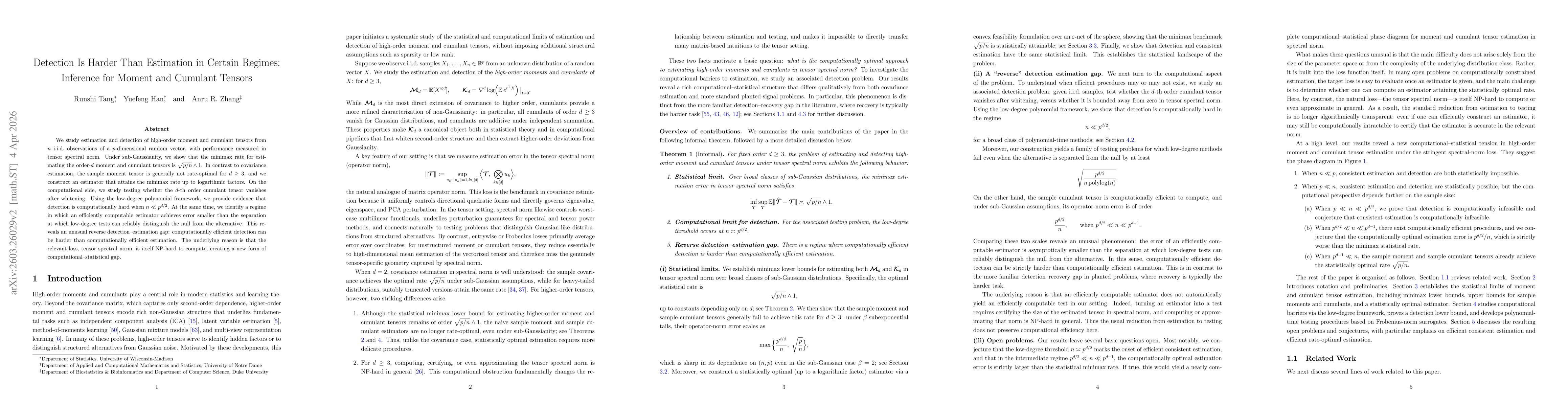 Thumbnail for Detection Is Harder Than Estimation in Certain Regimes: Inference for Moment and Cumulant Tensors