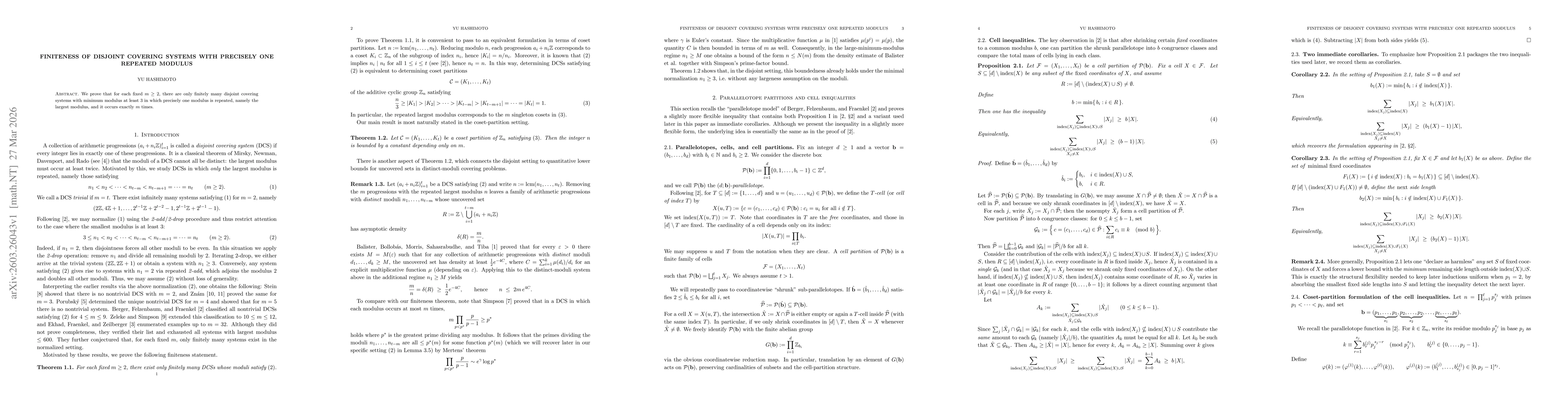 Thumbnail for Finiteness of Disjoint Covering Systems with Precisely One Repeated Modulus