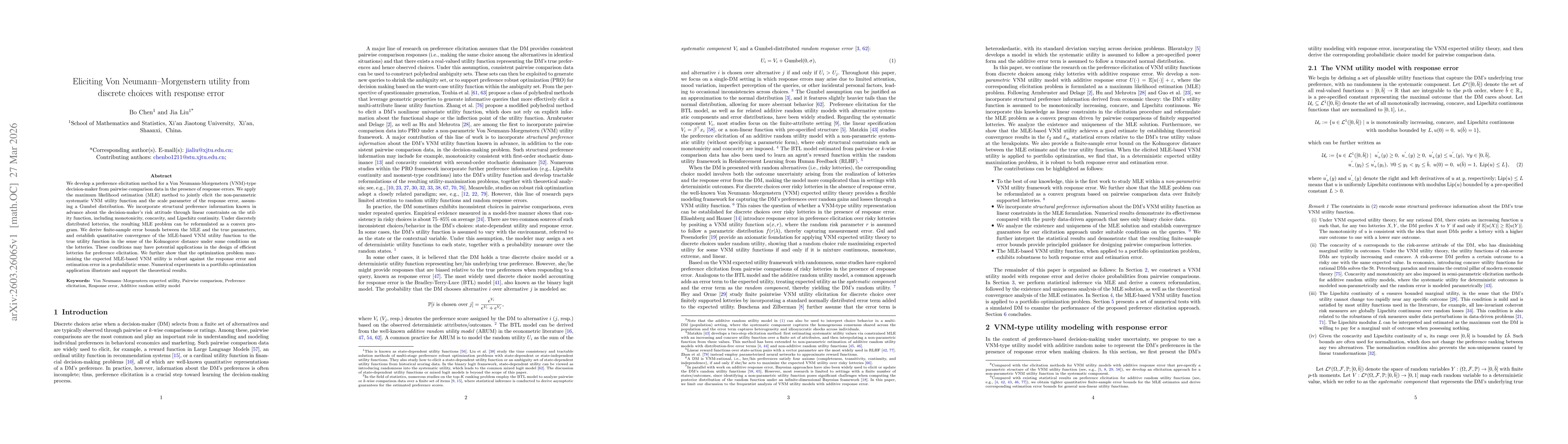 Thumbnail for Eliciting Von Neumann-Morgenstern utility from discrete choices with response error