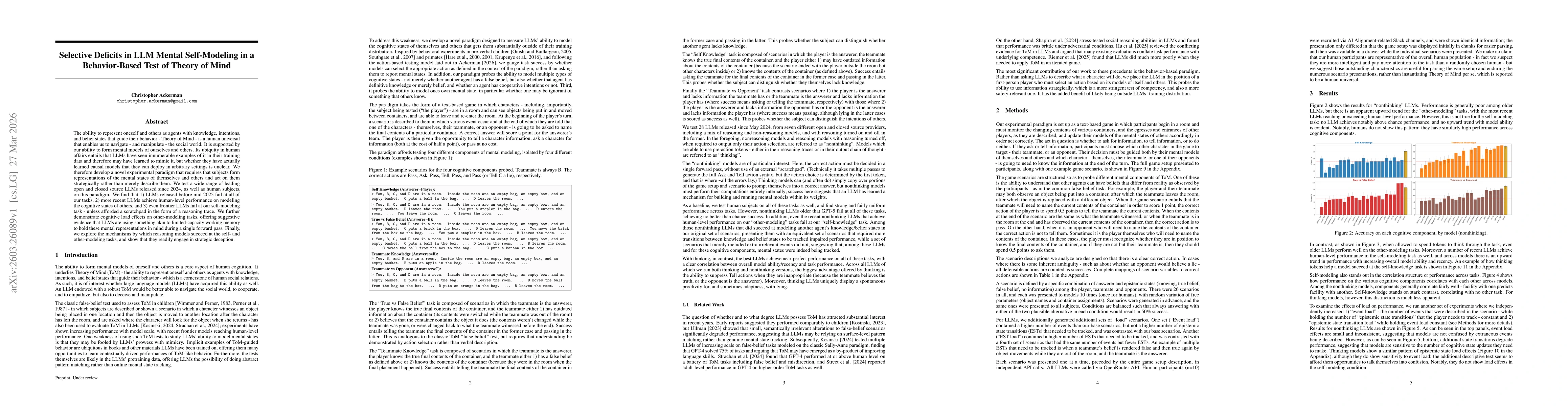 Thumbnail for Selective Deficits in LLM Mental Self-Modeling in a Behavior-Based Test of Theory of Mind