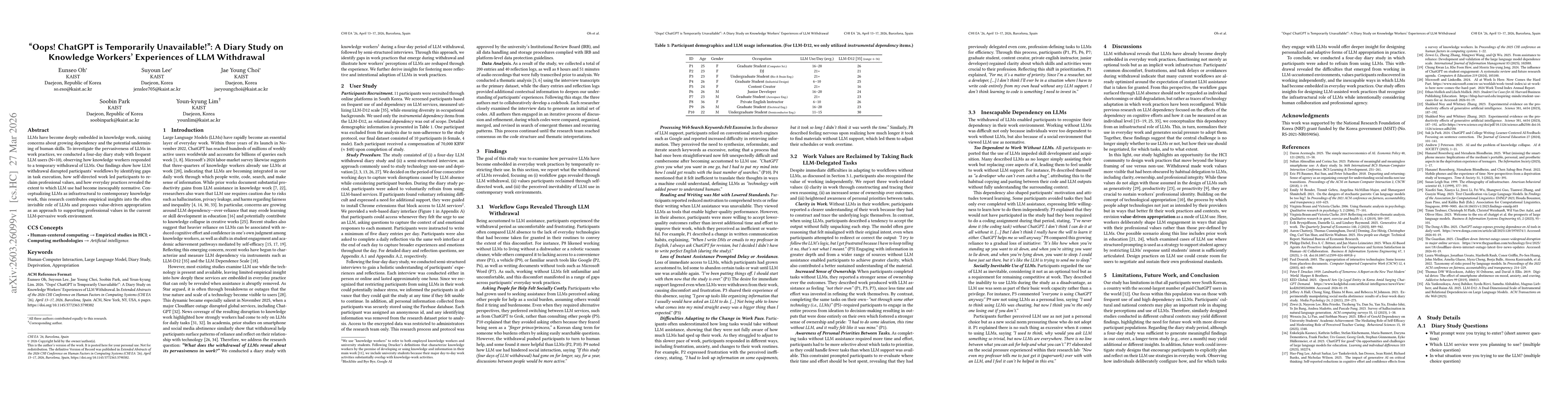 Thumbnail for "Oops! ChatGPT is Temporarily Unavailable!": A Diary Study on Knowledge Workers' Experiences of LLM Withdrawal
