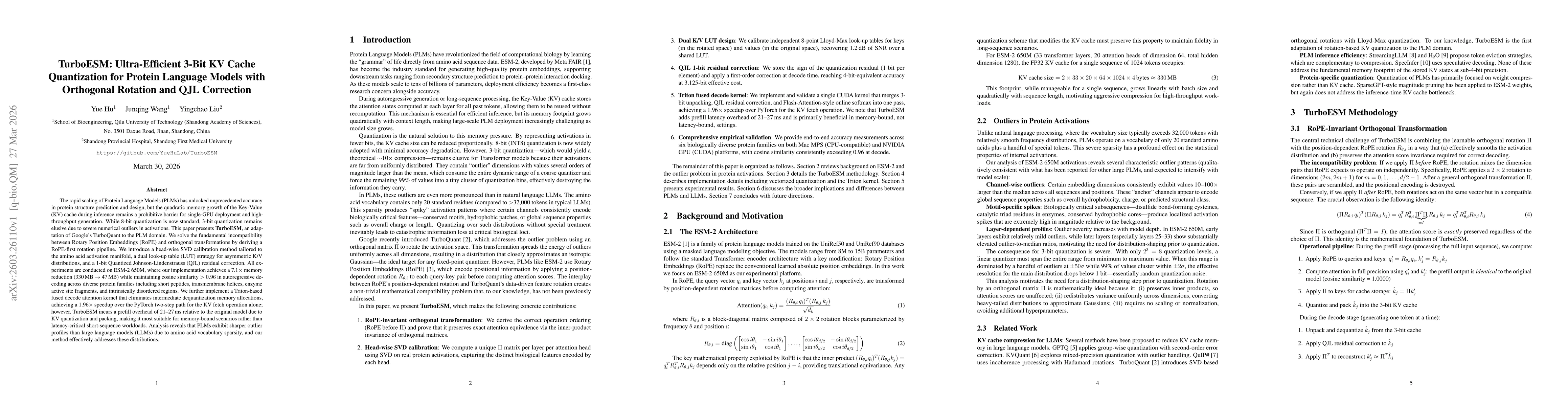 Thumbnail for TurboESM: Ultra-Efficient 3-Bit KV Cache Quantization for Protein Language Models with Orthogonal Rotation and QJL Correction