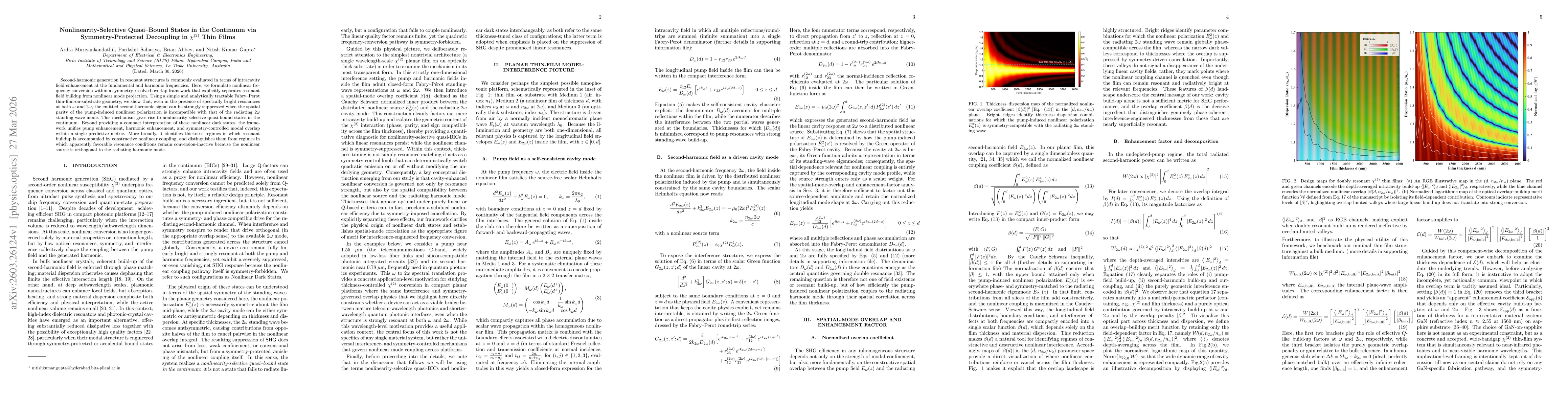 Thumbnail for Nonlinearity Selective Quasi Bound States in the Continuum via Symmetry Protected Decoupling in χ(2) Thin Films