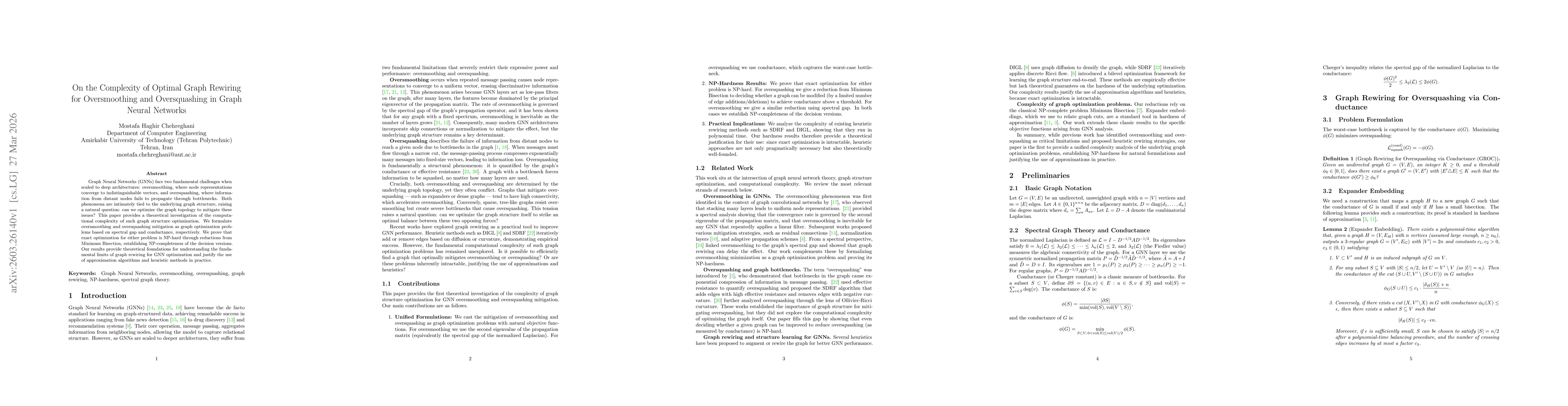 Thumbnail for On the Complexity of Optimal Graph Rewiring for Oversmoothing and Oversquashing in Graph Neural Networks