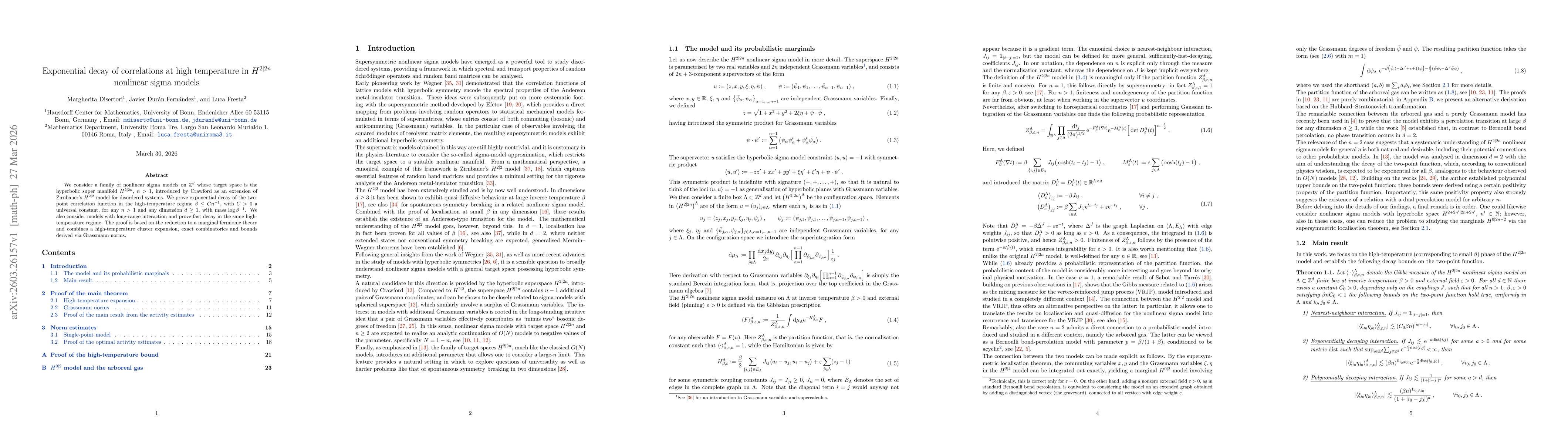 Thumbnail for Exponential decay of correlations at high temperature in $H^{2|2n}$ nonlinear sigma models