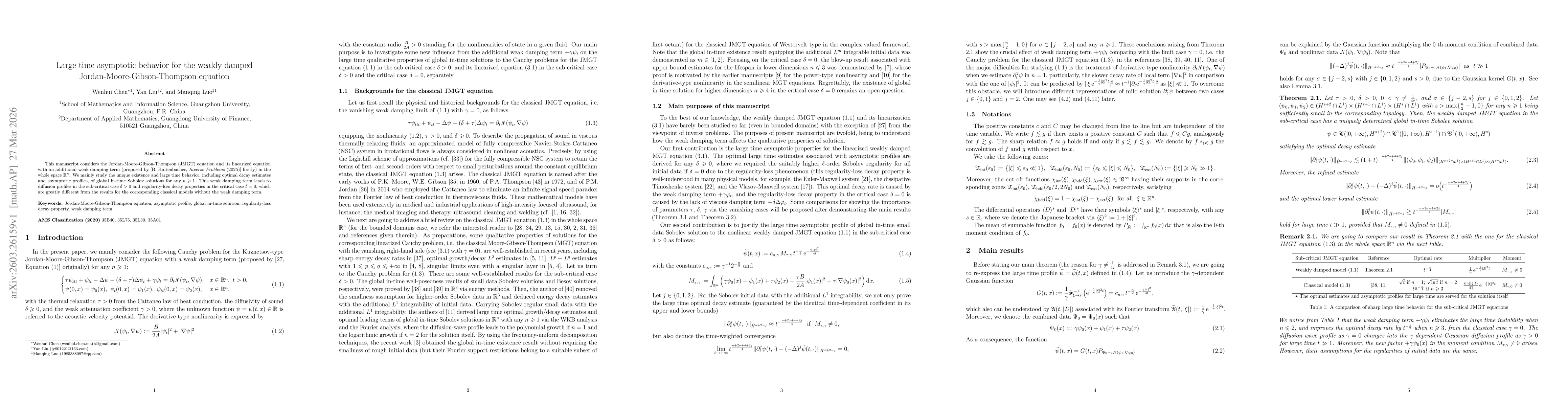 Thumbnail for Large time asymptotic behavior for the weakly damped Jordan-Moore-Gibson-Thompson equation