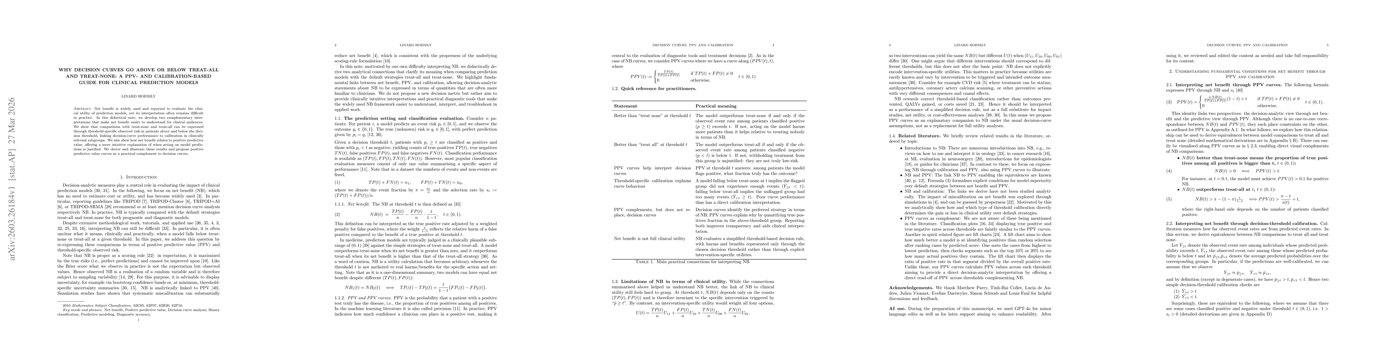 Thumbnail for Why decision curves go above or below treat-all and treat-none: a PPV- and calibration-based guide for clinical prediction models