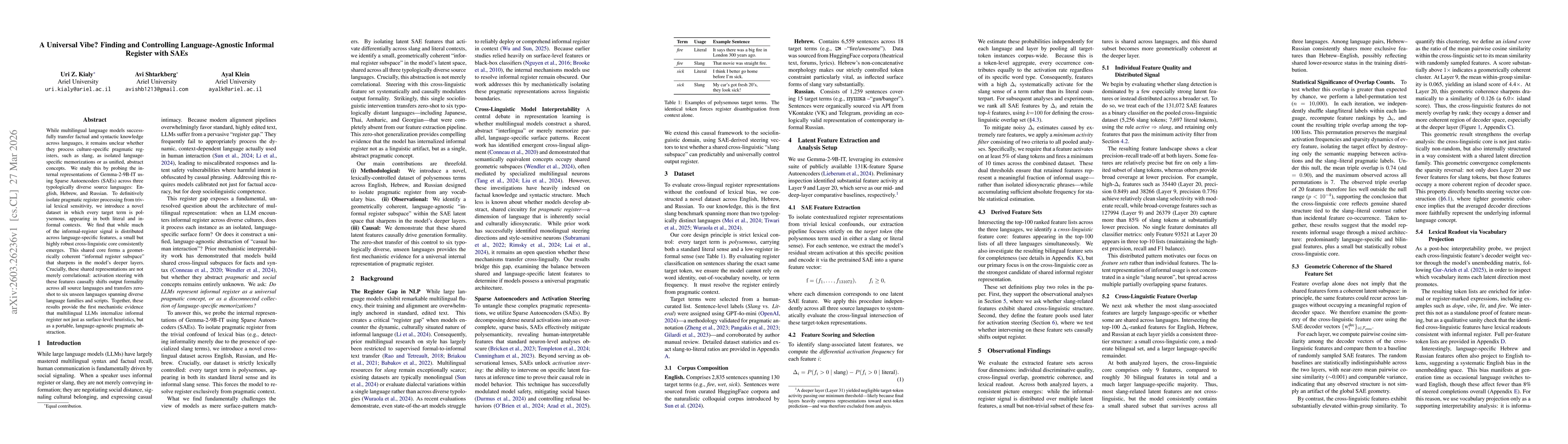 Thumbnail for A Universal Vibe? Finding and Controlling Language-Agnostic Informal Register with SAEs